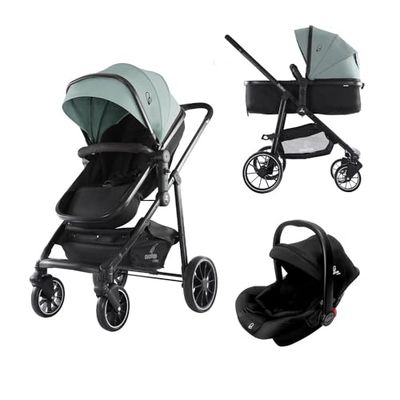 Asalvo DUBAI 2, Trío Convertible 3 en 1, Silla de Paseo con Capazo, Silla de Auto Grupo 0+, Accesorios Incluidos, Compacto, Ligero y Elegante, Para Recién Nacidos hasta 15kg, Oliva