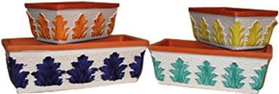 FIORIERE (SET DI 2 PEZZI) PER PIANTE E FIORI CON BORDO IN TERRACOTTA E CERAMICA ARTISTICA VIETRESE DIPINTE A MANO – MADE IN ITALY; LUNGHEZZA CM. 32, ALTEZZA CM. 15, LARGHEZZA CM. 18.