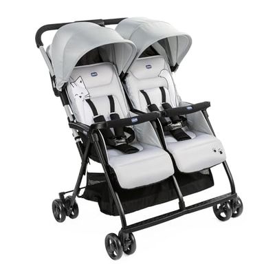 Chicco - Dubbele Buggy Ohlala Twin - Opvouwbare Duo-Kinderwagen - Ultralicht en Compact - Uitschuifbare Kap - Vanaf Geboorte tot 15 kg - Grijs (Silver Cat)