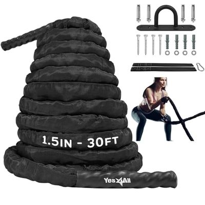 Yes4All Trainingstouw voor gevechtsoefeningen met beschermhoes - stalen anker en riem inbegrepen - 38 mm/50 mm diameter Poly Dacron 9 m, 12 m, 15 m lengte (38 mm - 9 m)