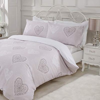 Sleepdown Set di biancheria da letto e federe reversibili con cuori decorativi super king naturali, misto cotone