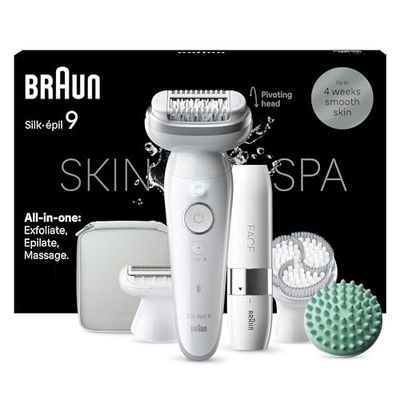 Braun Silk-épil 9 SkinSpa Depilatore Donna, Epilatore Elettrico Donna Con Testina Flessibile, Wet & Dry, Pelle Liscia a Lungo, Kit Tutto-In-Uno, Con Mini Depilatore Viso, 9-381, Bianco/Argento