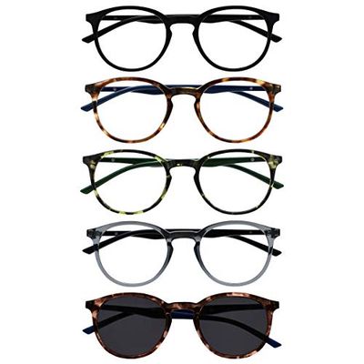 OPULIZE Met 5 Pacco Occhiali Da Lettura Con Lettore Sole Giro Nero Marrone Verde Grigio Uomo Donna RRRRS60-12672 +2,00