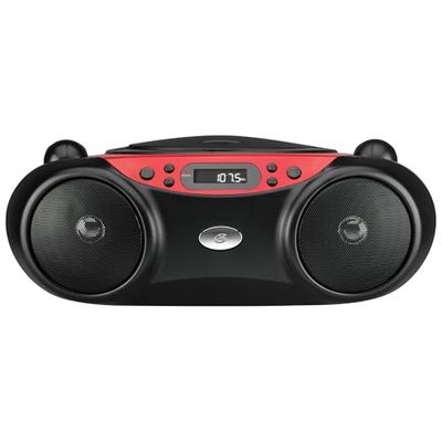 GPX BC232R Boombox portátil de carregamento superior com rádio AM/FM e entrada de linha de 3,5 mm para dispositivo MP3, vermelho e preto