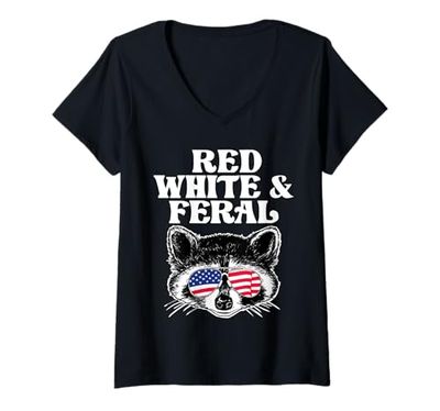 Donna Raccoon Red White and Feral Maglietta con Collo a V