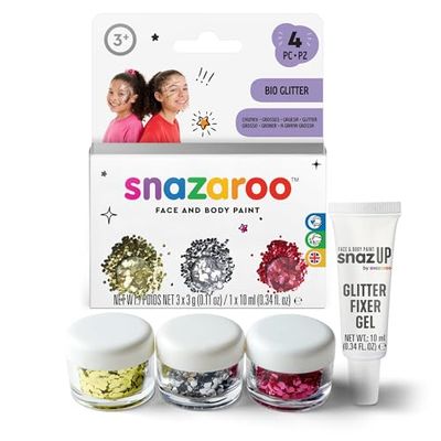 Snazaroo Bio Glitter, Purpurina Biodegradabile Gruesa - Set 3 x Chunky + Gel Fijador