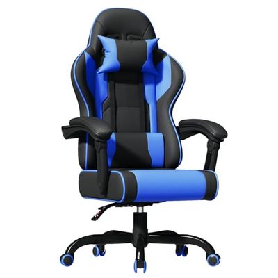 JUMMICO Massage Gamingstoel, ergonomisch, met lendensteun, computerstoelen, racing, in hoogte verstelbaar, ligstoel, bureaustoel, 150 kg belastbaarheid, blauw