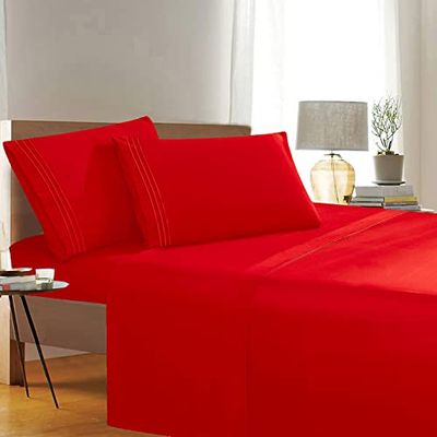Elegant komfort lyxig rynk-, bleknings- och fläckbeständig 1 500 trådtäthet egyptisk kvalitet 4-delat lakanset, djup ficka, queen size, röd
