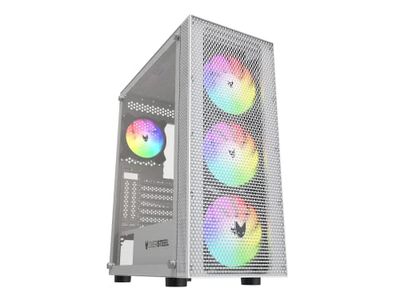 Oversteel - Azurite Gaming PC-chassi Kompatibelt med ATX-, Micro ATX- och ITX-kort, 4 120 mm A-RGB-fläktar ingår, Mesh-front, vertikal installation, härdat sidoglas, USB 3.0, vit