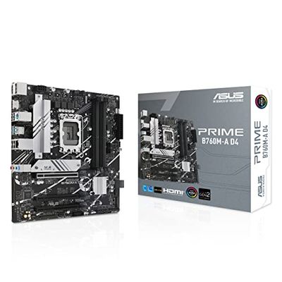 ASUS Prime B760M-A D4 – Carte mère Intel B760 LGA 1700 Micro-ATX (PCIe 4.0, 2 x M.2, Realtek 2.5Gb Ethernet, DisplayPort, 2 x HDMI, SATA 6 GB/s, USB 3.2 Gen 2, Aura Sync RGB)