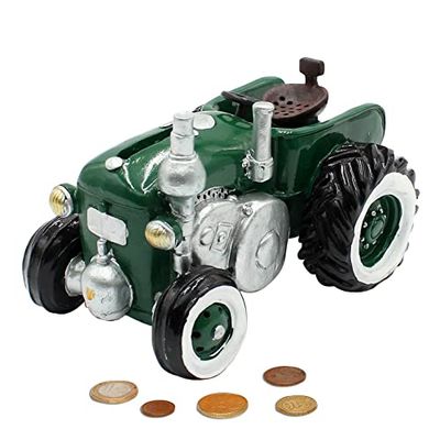 Dekohelden24 tractor made of poly-money box in green with rubber closure, size L/W/H: approx. 16 x 11 x 11 cm, Resin, 11 cm