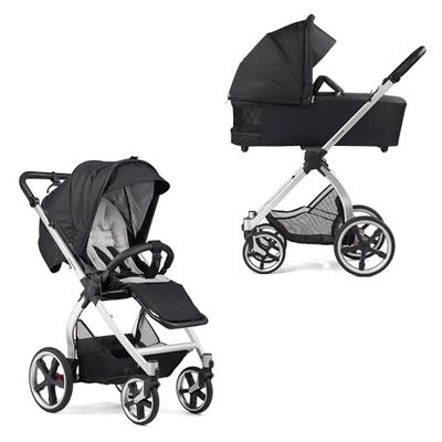 Gesslein Barnvagn FX4 Swing med babybadkar Panorama Lyx (barnvagn 3-i-1, ligg- och sittalternativ, sportbilfäste, individuellt justerbar, hög komfort, låg förpackningsstorlek, handbroms), svart