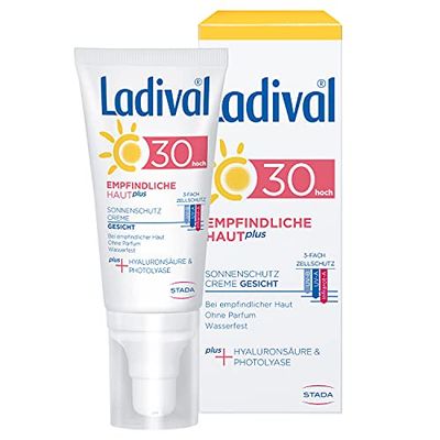 Ladival Crema solar para la piel sensible Plus para la cara, SPF 30, sin perfume, sin colorantes ni conservantes, resistente al agua, 50 ml