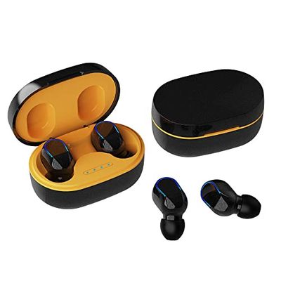 Rawrr Bluetooth hoofdtelefoon, draadloze in-ear hoofdtelefoon, bluetooth met microfoon, knopbediening, 20 uur speeltijd met led-display, voor werk en studie, geel