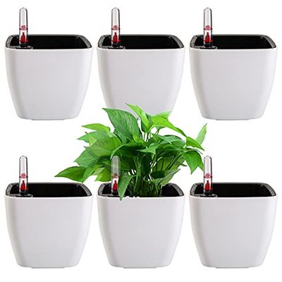 yarlung 6-pack självvattnande planterare med vattennivåindikator, 12,7 cm/5 tum plastväxt blomkrukor kapslad behållare för inomhusväxter, örter, aloe, trädgårdsskötsel