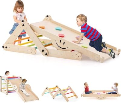 FANTASK Equipo de Escalada de Madera, triángulo de Escalada Interior Multifuncional con rampa Reversible, balancín, Escalador Ajustable para niños a Partir de 3 años, Multicolor