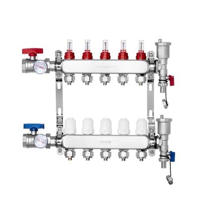VEVOR Verwarmingsspruitstuk met 5 takken, 12,7 mm PEX-leidingen van PEX-roestvrij staal, met 12,7 mm adapters, voor hydronische straalvloeren, PEX-collectorkit