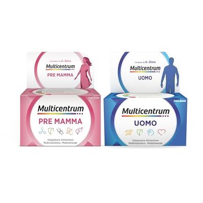 Multicentrum Pre Mamma con Acido Folico e Zinco e Multicentrum Uomo con Zinco e Selenio, per supportare il fabbisogno nutrizionale della Coppia quando cerca una gravidanza, 30+60 compresse
