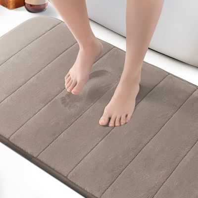 KEPLIN Memory Foam Bath Mat (Beige - 60 x 90cm), Ultra-Soft, Absorbent & Non-Slip Bathroom Mat, Machine Washable, Large Black Bathroom rug for Bath & Toilet Floors