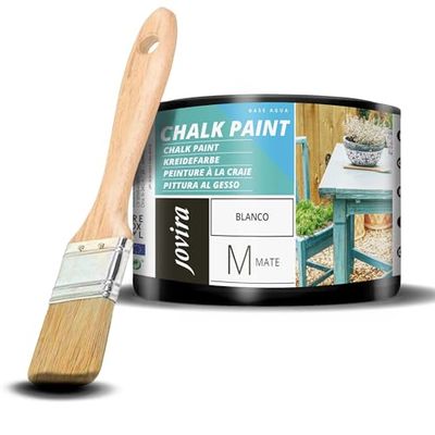 JOVIRA PINTURAS Chalk Paint - Vernice gessata all'acqua opaca + Pennello speciale per legno. Rinnovate i vostri mobili con creatività. (375 Millilitri, Bianco + Pennello)