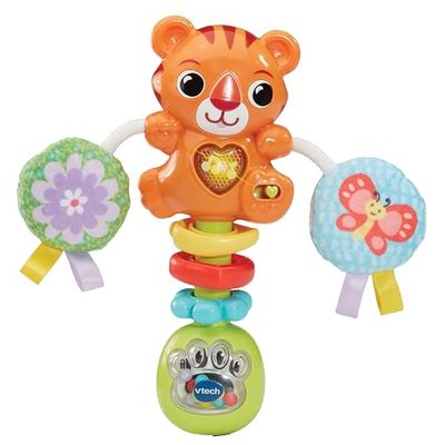 VTech-Baby Sonajero musical Baby tigre, Juguete interactivo, Pompones de tela, Papel crujiente, Fomenta la Exploración y el Desarrollo Motor, Regalo bebés +3 meses, Versión ESP