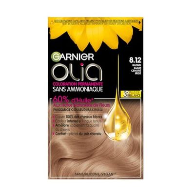 Garnier - Olia - Coloration Permanente - Sans Ammoniaque - 60% d'Huiles Naturelles de Fleurs - Préserve la Qualité des Cheveux - Cheveux Doux et Brillants - Blond Cendré Irisé (8.12) - 120g