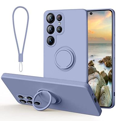 Galful Beschermhoes voor Samsung Galaxy S23 Ultra, beschermhoes van siliconen, met 360 graden draaibare ring, magnetisch, krasbestendig, schokbestendig, mobiele telefoon, sleutelkoord, case, grijs