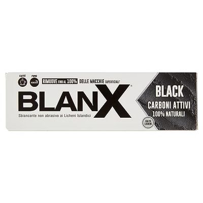 Blanx Dentifricio Black 75ml, Dentifricio Sbiancante con Licheni Islandici e Carboni Attivi 100% Naturali, Rimuove Macchie da Caffè, Fumo e Tè,, Vegan Friendly