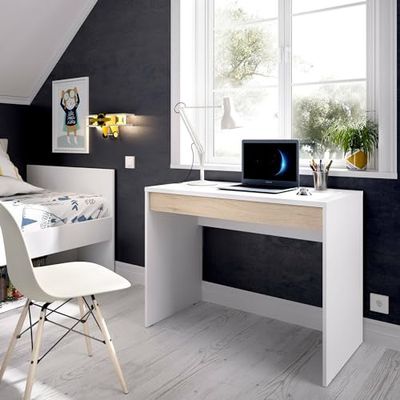 Dmora Perforated Desk, Multipurpose Space Saving Office Desk, Linear Study Table with 1 Drawer, 90 x 50 x 74 cm, White and Oak