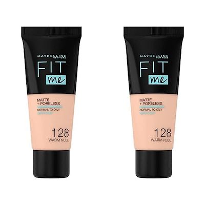 Maybelline Fit Me Foundation, Matte & Poreless, Full Coverage Blendable Normal to Oily Skin, 128 Warm Nude 30ml (Pack of 2)