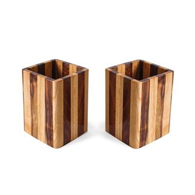 SHOPUKASA 2 Pack Wood Pen Pencil Holder Stand Multi Purpose Natural Wood Pencil Cup Pot Desk Organizer Storage Box (2 Pack Striped Pattern)
