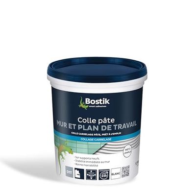 Bostik Colle Carrelage Spéciale Mur et Plan de Travail, Pâte prête à l'emploi, Stabilité Immédiate, Blanc, Pot de 1.5 Kg, N.c.