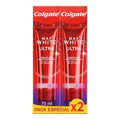 Colgate Max White Ultra Active Foam Pasta de Dientes Blanqueadora con Flúor, Pack 2x75ml, Dentífrico Blanqueador Seguro con el Esmalte, Dientes más Blancos en Sólo 3 Días*, Elimina Manchas Profundas*