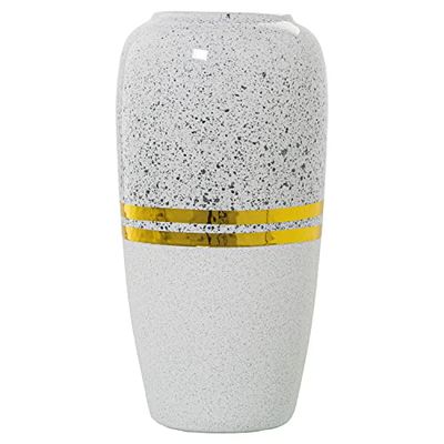 JARRÓN CERÁMICA PLATEADO/BLANCO C/FRANJAS ORO_°15X30CM