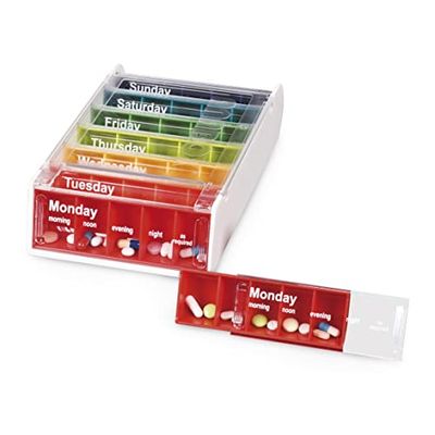 Patterson Medical Weekly Pill Organiser – 7 Day Box with 5 Daily Compartments – Detachable, Portable Tablet Pots for Medication, Vitamins and Supplements with Sliding Lids