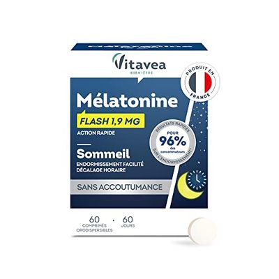 Vitavea - Mélatonine 1,9 mg - Hautement Dosée - Complément Alimentaire Sommeil Adulte - Endormissement, Pour Dormir - Décalage Horaire, Jet Lag - 60 comprimés - Cure 2 mois - Fabriqué en France