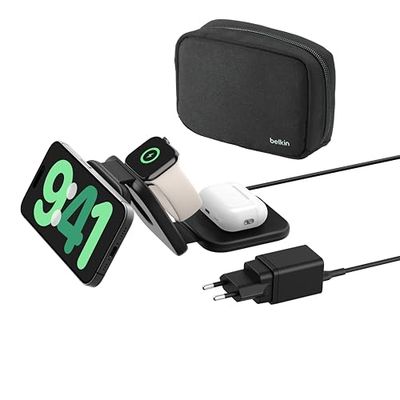 Belkin BoostCharge Pro Station de Recharge aimantée 3-en-1 Portable avec Qi2 (Chargeur Compatible MagSafe, Pliable, 15 W, pour iPhone 16, iPhone 15, iPhone 14, Apple Watch Series 10, AirPods)