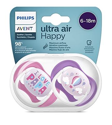 Philips Avent Scf080/04, Paquete De 2 Chupetes Ultra Air, 6-18 Meses, Tetina Blanda, color Morado Y Rosa Frambuesa - Pack de 2