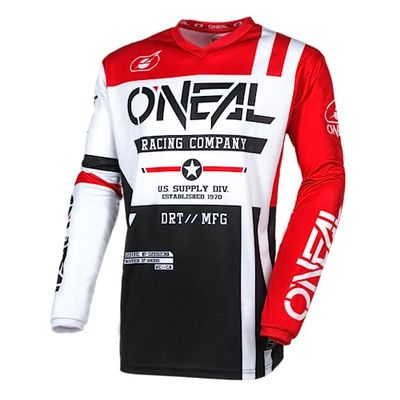 O'NEAL | Maglia da Motocross a Manica Lunga | MX Enduro | Protezione Gomiti Imbottita, Collo a V, Traspirante | Element Warhawk V.24 Jersey | Adulto | Nero Bianco Rosso | Taglia XL