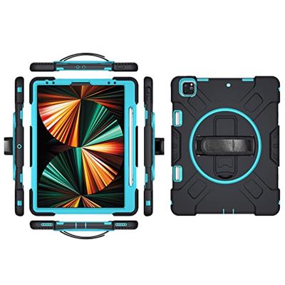 Protective Case for iPad Pro 12.9 2018/2020/2021/2022 with 360° Rotating Disc and Armoured Case with Hand Strap, Hard and Shockproof, Black + Light Blue