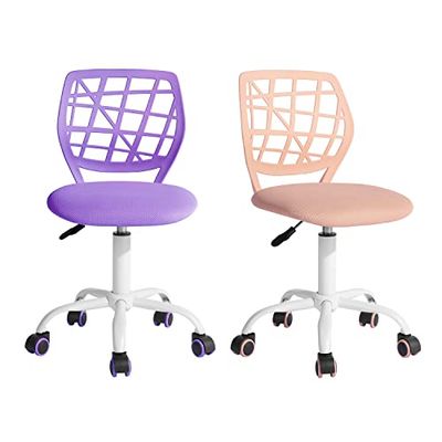 FurnitureR Bureau-kantoorstoffen zitting, ergonomische studeerstoel zonder armleuning, in hoogte verstelbare draaistoel, set van 2, Pueple+lichtroze, 40 x 38,5 x 87 cm