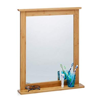 Relaxdays porta-objetos, pendurar, espelho de parede de bambu, grande, com varanda, pendente, moldura de madeira, para casa de banho ou sala de estar, castanho natural, 68 x 56 x 9,5 cm