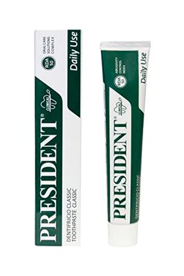 President DENTIFRICIO CLASSIC per uso quotidiano. Azione anti placca, anti carie, rifrescante e antialitosi. Con Estratti Vegetali di Melissa, Salvia e Camomilla. RDA 50-50 ml
