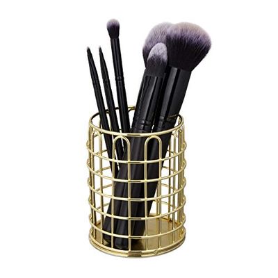 Relaxdays Round Pen Holder, Modern Decorative Design, Makeup Brush Organiser, Wired, Pencil Cup Desk, HxØ: 10x8cm, Gold
