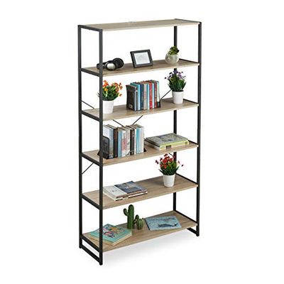 Relaxdays boekenkast industrieel, 6 vakken, hoog boekenrek, open design, HBD: 180 x 95 x 35 cm, PB, metaal, bruin/zwart