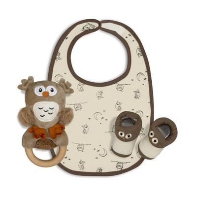 Interbaby - Set cadeau pour nouveau-né modèle hibou - De 0 à 6 mois environ - Ensemble set 3 pièces composé d'un hochet, d'un bavoir et de grenouillères
