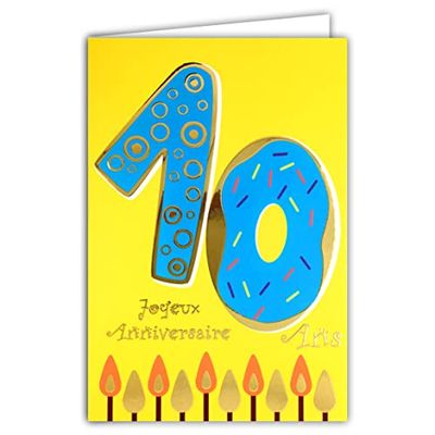 Afie 69-2410 10th Birthday Card in Shiny Gold Embossed Textured for Child Boy Girl - Coloured Text Suitable for Age Inside - Envelope Included - Made in France - ColourAges