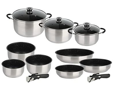 KAMBERG Set pentole 12 pezzi, Acciaio inossidabile, Rivestimento in Pietra, Tutti i fuochi tra cui induzione, Manico rimovibile, Senza PFOA, Grigio