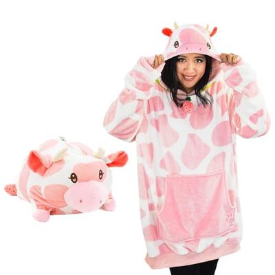 Plushible Wearable Blanket,Blanket Hoodies for Adult Women, Men, Teens, and Kids,Oversized, Cozy, Snuggly & Comfy Hooded Sweatshirt with Giant Pocket & Sleeves, Strawberry Cow (Adult), One size