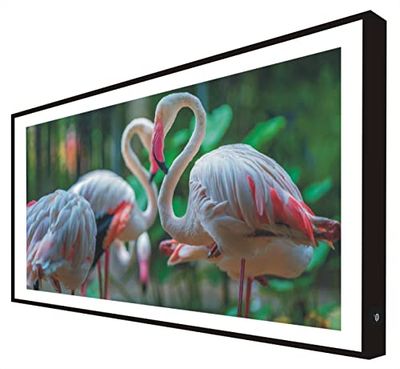 Afbeelding met houten frame, zwart gelakt, met leds flamingo